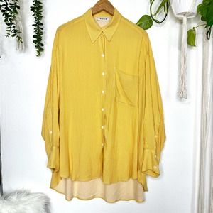 Tangerine Yellow + White Pinstriped Oversized Button Up Long Sleeve Blouse